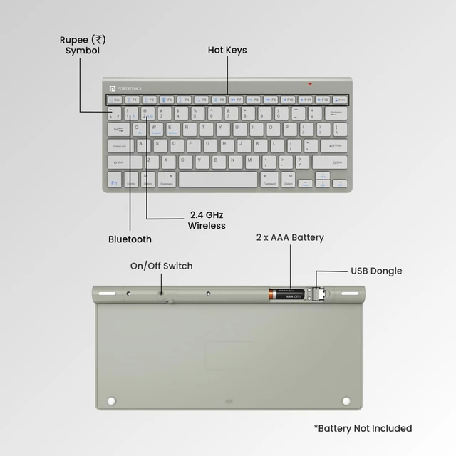 Portronics Bubble Max Wireless Keyboard with Bluetooth & 2.4 GHz Dual Connectivity, Noiseless Keys, Connect Upto 2 Devices, Spill-Resistant Compact Design (White)