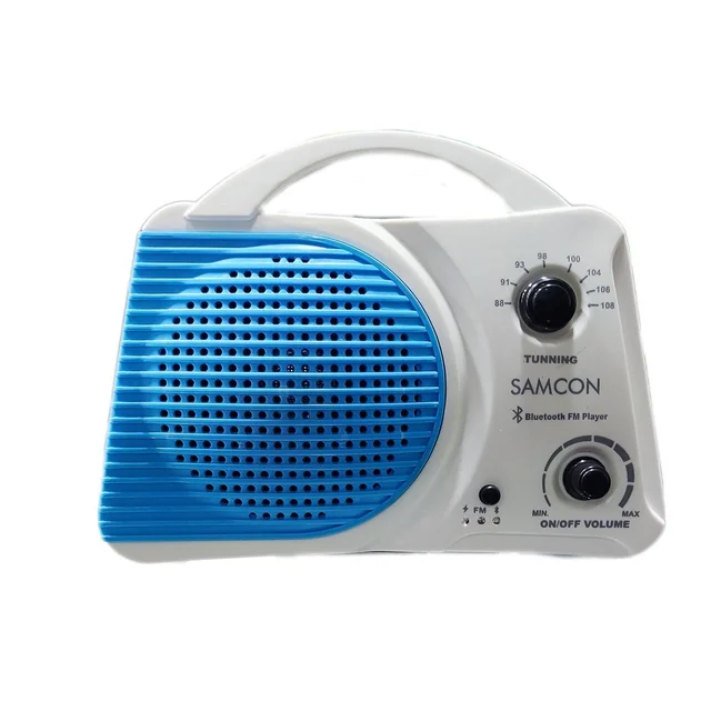 Samcon Get & Go Poratable Speaker FM Radio | Bluetooth | In Built Rechargeable Battery 1 AMP 4V ( White & Blue)