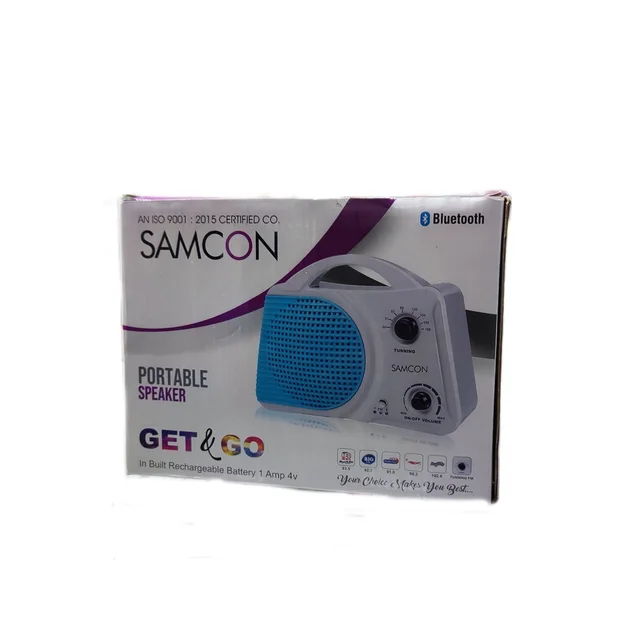 Samcon Get & Go Poratable Speaker FM Radio | Bluetooth | In Built Rechargeable Battery 1 AMP 4V ( White & Blue)