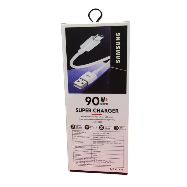 VEV Samsung Data Cable Fast Charging | Type-C | 90W Output | Super Charger (White)