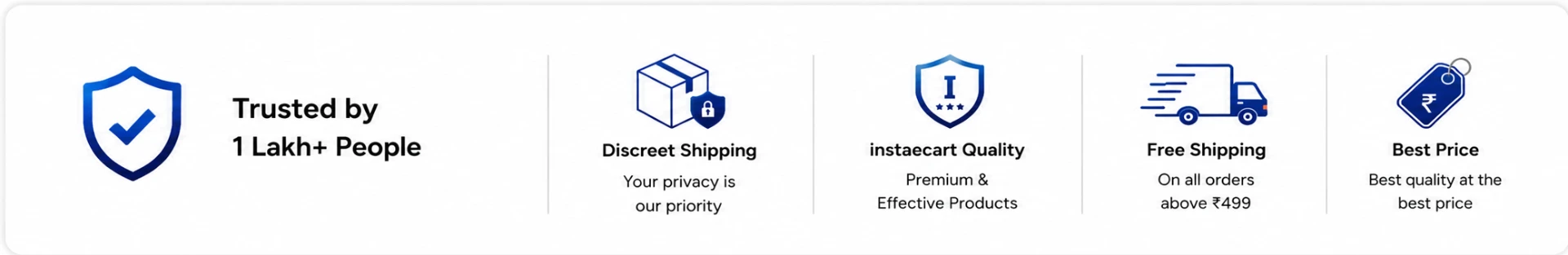 Instaecart trust banner showcasing 100% original products, easy returns, secure payments, fast delivery, premium quality standards, and 24/7 customer support.
