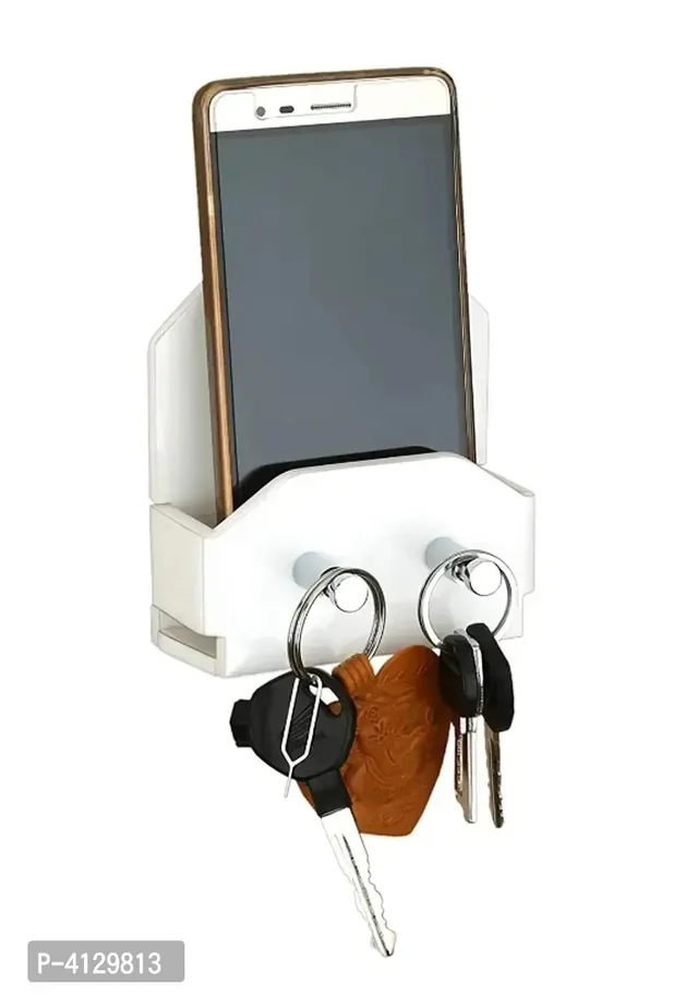 Acrylic Mobile Phone Stand, Holder for Smartphones with Key Stand, Key Holder 2 Hook for Home Office, White