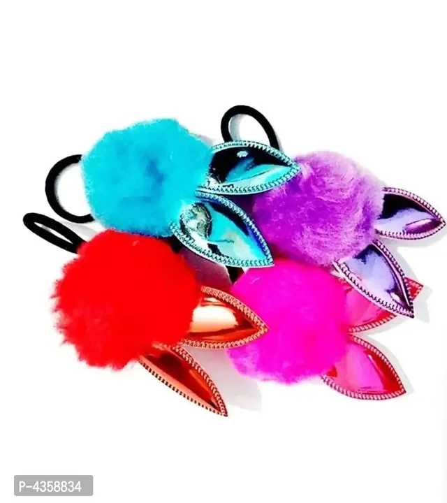 Bunny Ears PomPom Fur Ponytail Rubber Bands/Ponytail Holders