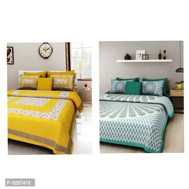 Classic Cotton Printed Double Bedsheet Set with Pillow Cover, Pack of