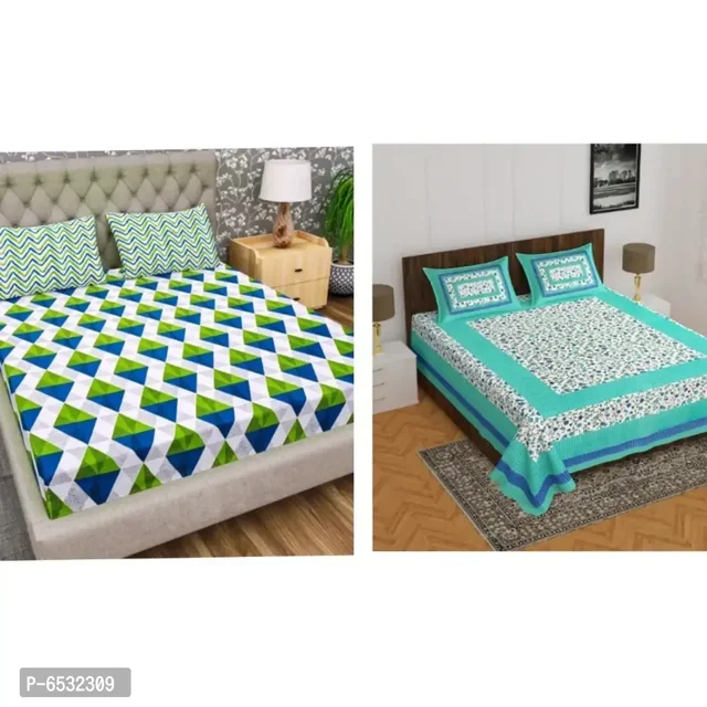 Jaipuri Sanganeri Rajasthani Cotton Beautiful 2 Double Bedsheet Set Wi