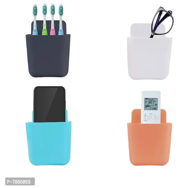 Mini Multipurpose Wall Holder with Mobile Charging Point/Stationary Storage/Bathroom qacceceries/Remote Holder/makup Brush Holder. no Drilling only Stick on Smooth Surface 4 Piece Set