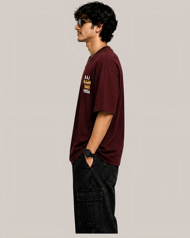 Mordencraze Aaj Kaam Nahi Hoga Printed Oversized Cotton T-Shirt for Men