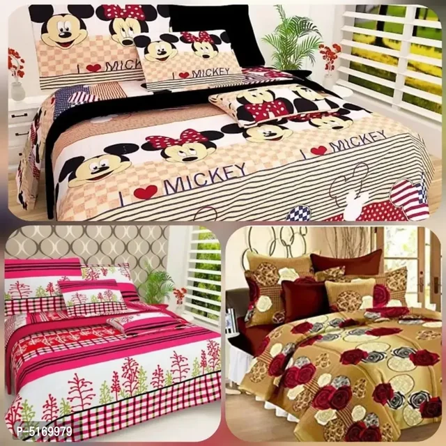 Polycotton Printed Bedsheet Set With 2 Pillow Covers ( Pack Of 3 )