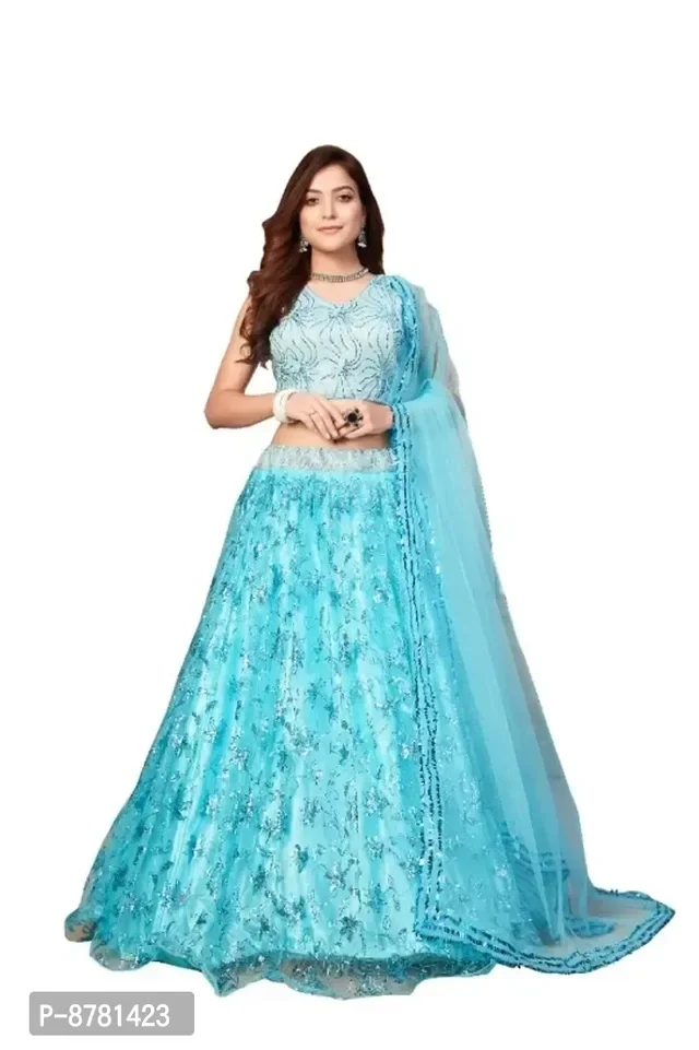 Stylish Turquoise Net Embroidered Semi Stitched Lehenga