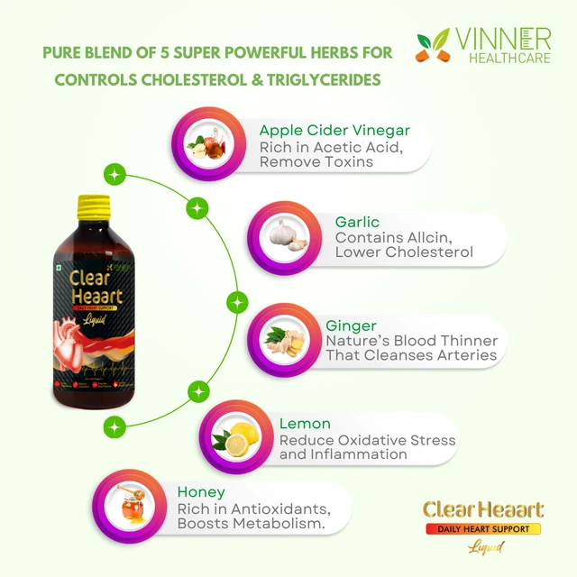 Clear Heaart Liquid for Lower Cholesterol Made with Raw, Unfiltered, Unpasteurized Apple Cider Vinegar with Mother, Honey with Fresh juice of Ginger, Garlic, Lemon, No Preservatives No Water added. - 2 Bottle X 450 ML