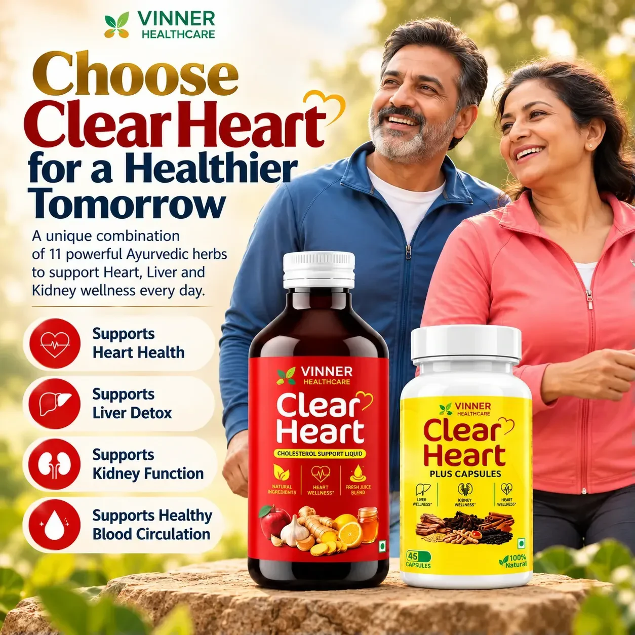 Clear Heart Liquid and Clear Heart Plus capsules with a smiling couple outdoors