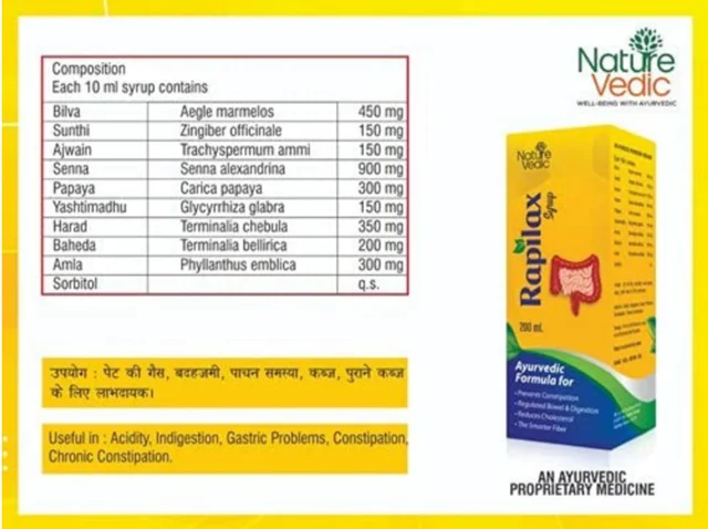 Nature Vedic Rapilax Ayurvedic Syrup for Digestion ,Constipation & Gastric Relief - 400 ml