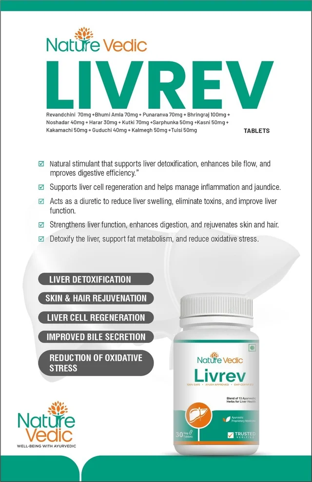 "Nature Vedic Livrev Effective for Liver Health, Peptic Ulcer & Activation of Enzymes. Its enriched with 13 effective Ayurvedic Herbs. 100 % Safe Ayush Approved GMP Certified"