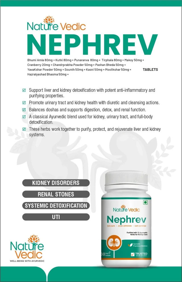 "Nature Vedic Nephrev Effective for Kidney Care, Renal Stones & UTI related problems. Its enriched with 13 effective Ayurvedic Herbs. 100 % Safe Ayush Approved GMP Certified"