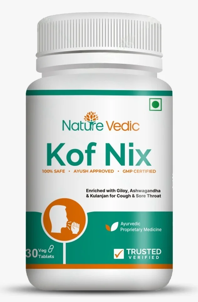 "Nature Vedic Kof Nix Effective for Cough, Sore Throat, Allergic Rhinitis & Sinusitis related problems. Its enriched with 3 effective Ayurvedic Herbs. 100 % Safe Ayush Approved GMP Certified"