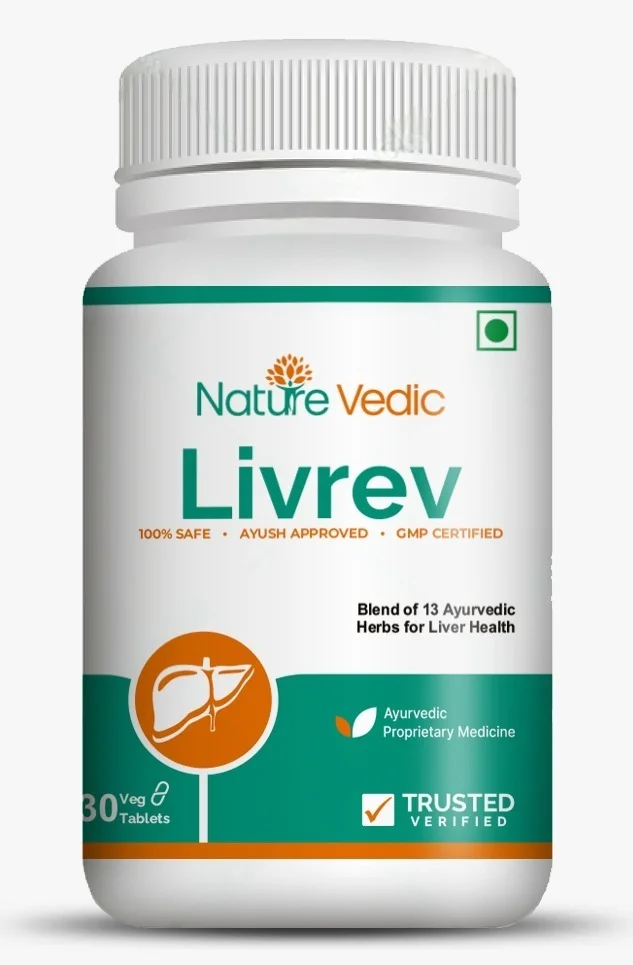 "Nature Vedic Livrev Effective for Liver Health, Peptic Ulcer & Activation of Enzymes. Its enriched with 13 effective Ayurvedic Herbs. 100 % Safe Ayush Approved GMP Certified"