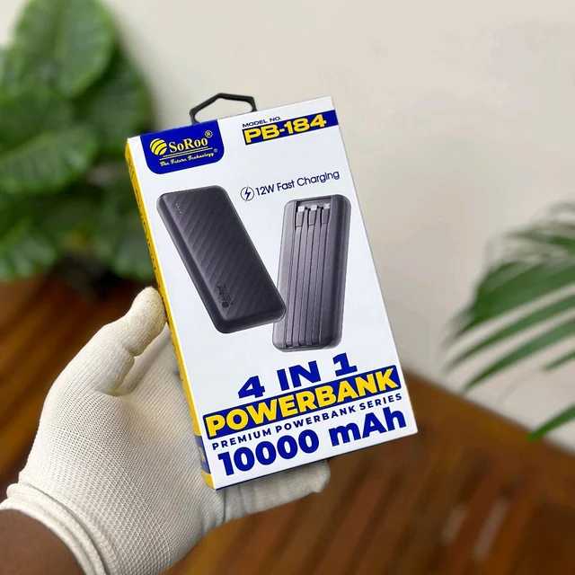 Original Soroo PB-184 12 Watt 10000mah Portable Powerbank With 3 Built-in Charging Cables and 4 Outputs