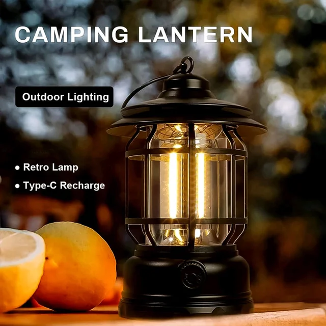 LED Camping Lante Light Retro Style Lighting Battery Type-c Rechargeable Dimmable Tent Lamp Outdoor Portable Waterproof Flashlight Lanterns Lightweight for Courtyard Hiking Power Outages Emergency (1 Pc)
