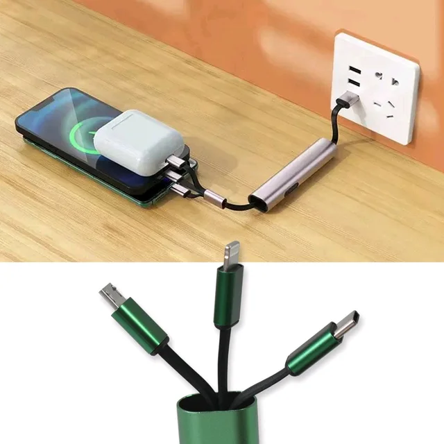 Charging Cable, 3 in 1 Extendable, Data transmit & Charging Cable, Retractable Charging Cord, Tangle proof, Supports 3 Types of Terminals, Compatible with Regular Chargers, Smartphone Compatible, Ultra (1 Pc)