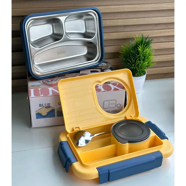 Premium 3-Grid Stainless Steel Lunch Box Set (750ml + 150ml) Aesthetic, functional & leak-proof – perfect for school, office, or travel
