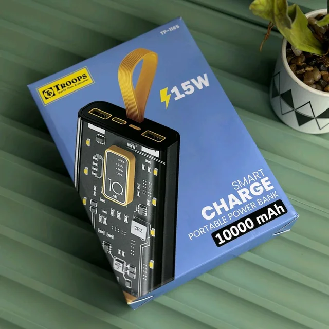 TROOPS 10,000 mAh Smart Charge Transparent Power Bank | 15W Fast Charging | Dual USB Output + Type-C Input | LED Battery Display 
