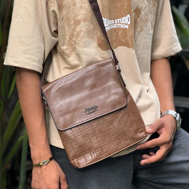 Jeep Crossbody Sling Bag - PU Leather Shoulder Bag with Adjustable Strap, Flap Cover, and Textured Design