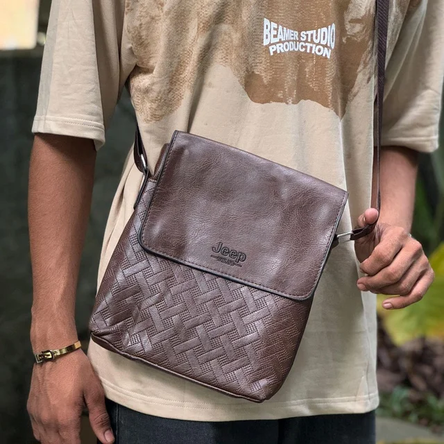 Jeep Crossbody Sling Bag - PU Leather Shoulder Bag with Adjustable Strap, Flap Cover, and Textured Design
