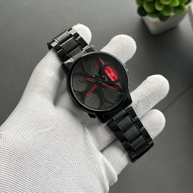 Car Alloy Wheel Dial Watch – Men’s Black Steel Strap, Non-Gyro Design, Stylish Motorsport-Inspired Timepiece
