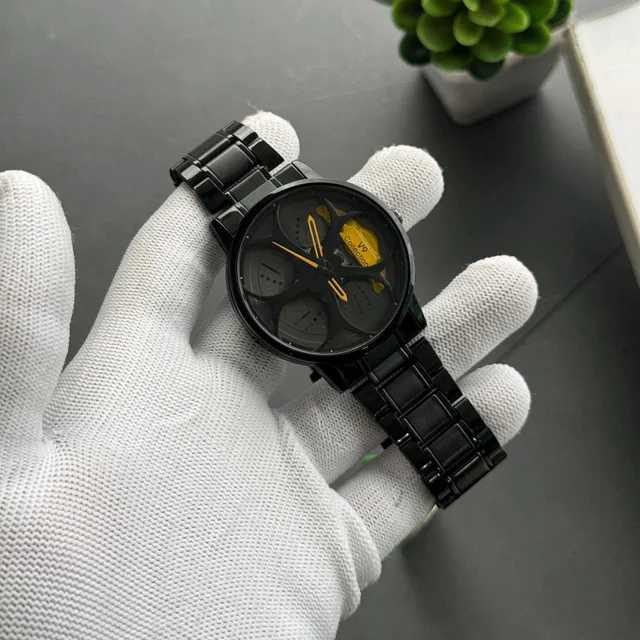 Car Alloy Wheel Dial Watch – Men’s Black Steel Strap, Non-Gyro Design, Stylish Motorsport-Inspired Timepiece
