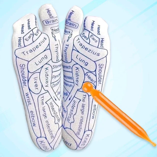 Full Reflexology Acupressure Therapy Socks Set with Dual Foot Zone Map & Acupressure Stick – Reusable Foot Massage Socks for Pain Relief, Relaxation & Body Health Improvement – 1 Set
