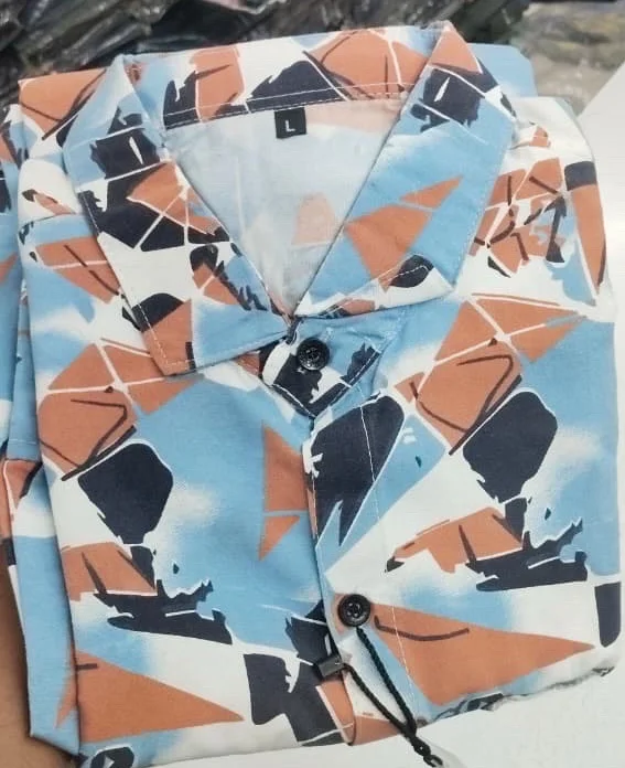 Blue Printed Shirt Men Full Sleeves - M