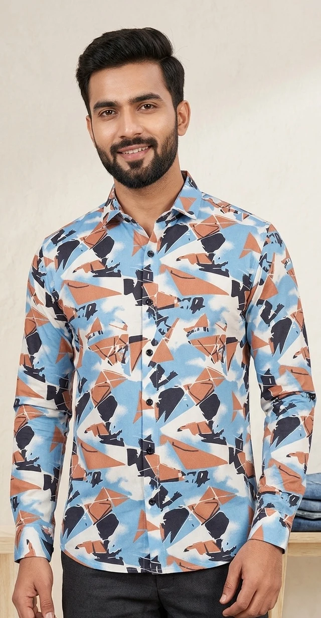 Blue Printed Shirt Men Full Sleeves - L