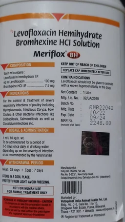 Levofloxacin Hemihydrate Bromhexine HCL Solution By Vetoquinol MERIFLOX BH - 1 ltr, COD