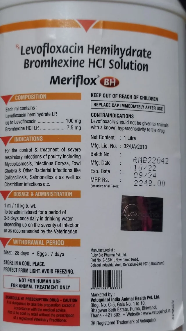 Levofloxacin Hemihydrate Bromhexine HCL Solution By Vetoquinol MERIFLOX BH - 1 ltr, COD