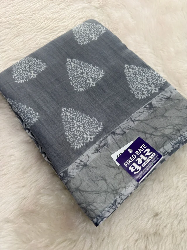 Soft Lilan Cotton Printed Grey Saree