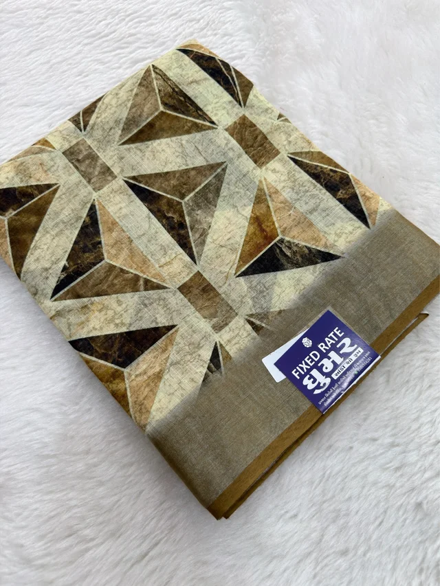 Premium Linen Cotton Soft Saree with Geometric Print & Elegant Border - CREAM
