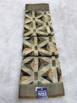 Premium Linen Cotton Soft Saree with Geometric Print & Elegant Border - CREAM