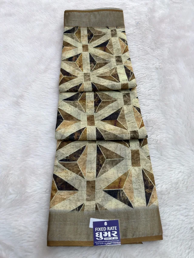 Premium Linen Cotton Soft Saree with Geometric Print & Elegant Border - CREAM