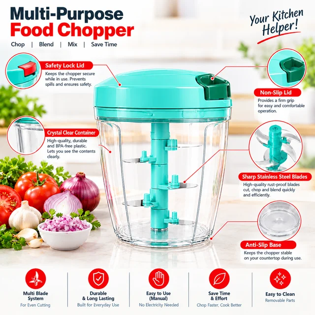 ABG Manual Hand Chopper with Sharp Stainless Steel Blades 1100ml for Kitchen Food | Vegetable, Onion, Garlic & Fruit Cutter | Pull String Hand Chooper | Manual Dori Chopper | Unbreakable Plastic (Copy)