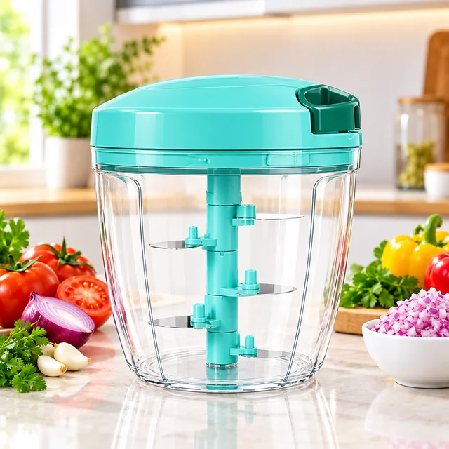 ABG Manual Hand Chopper with Sharp Stainless Steel Blades 1100ml for Kitchen Food | Vegetable, Onion, Garlic & Fruit Cutter | Pull String Hand Chooper | Manual Dori Chopper | Unbreakable Plastic (Copy)