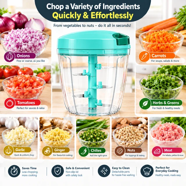 ABG Manual Hand Chopper with Sharp Stainless Steel Blades 1100ml for Kitchen Food | Vegetable, Onion, Garlic & Fruit Cutter | Pull String Hand Chooper | Manual Dori Chopper | Unbreakable Plastic (Copy)