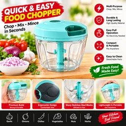 ABG Manual Hand Chopper with Sharp Stainless Steel Blades 450ml for Kitchen Food | Vegetable, Onion, Garlic & Fruit Cutter | Pull String Hand Chooper | Manual Dori Chopper | Unbreakable Plastic