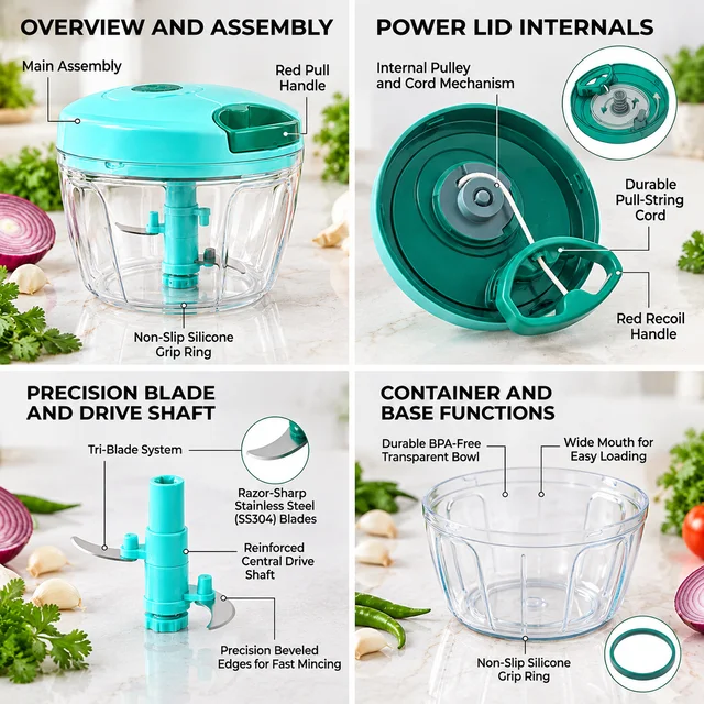 ABG Manual Hand Chopper with Sharp Stainless Steel Blades 450ml for Kitchen Food | Vegetable, Onion, Garlic & Fruit Cutter | Pull String Hand Chooper | Manual Dori Chopper | Unbreakable Plastic