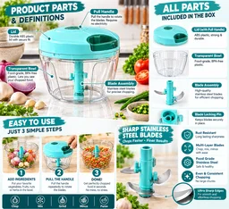 ABG Manual Hand Chopper with Sharp Stainless Steel Blades 450ml for Kitchen Food | Vegetable, Onion, Garlic & Fruit Cutter | Pull String Hand Chooper | Manual Dori Chopper | Unbreakable Plastic