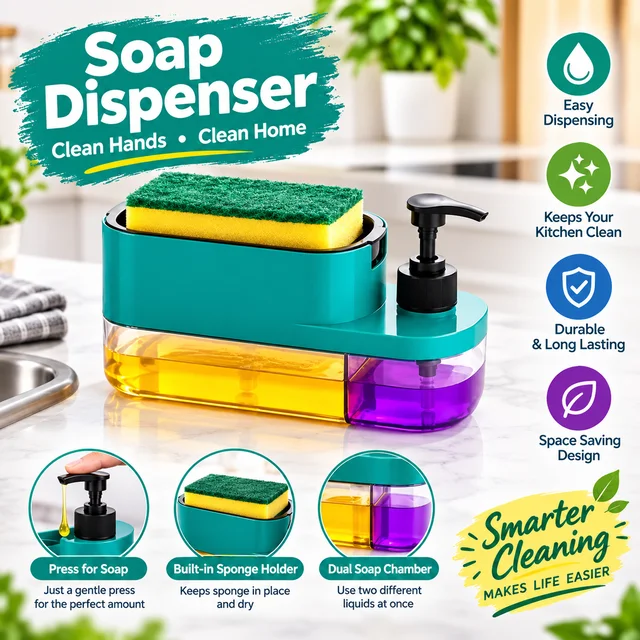 ABG 3 in 1 Soap Dispenser with Sponge Holder, Liquid Soap & Dishwash Dispenser Pump for Kitchen Sink