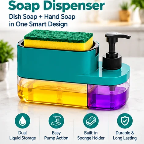ABG 3 in 1 Soap Dispenser with Sponge Holder, Liquid Soap & Dishwash Dispenser Pump for Kitchen Sink