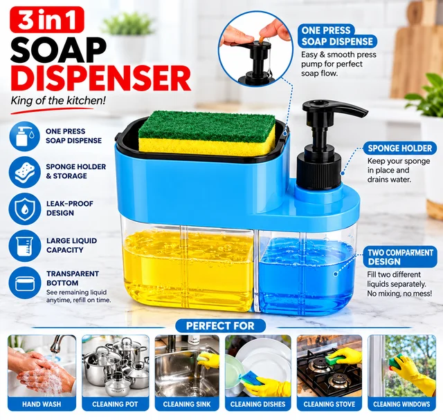 ABG 3 in 1 Soap Dispenser with Sponge Holder, Liquid Soap & Dishwash Dispenser Pump for Kitchen Sink
