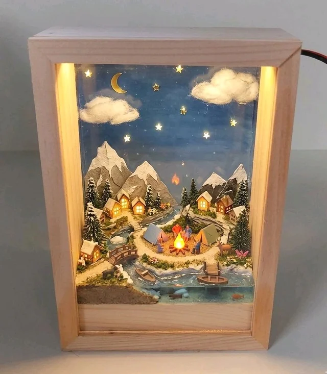 Wooden Miniature 3D LED Lights Photo Frame Night Lamp - 6.5/4.5/2"