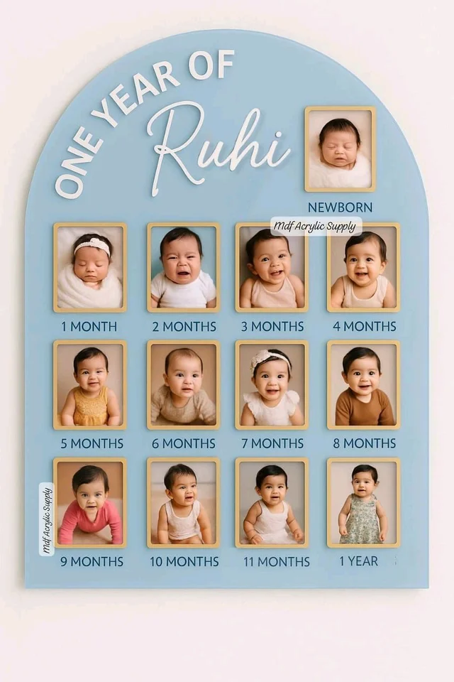 Baby One Year Photo Frame / My First Year Baby Photo Frame - 24/18", Black acrylic