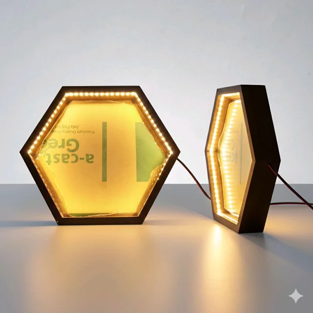 Hexagon LED Teakwood Frame - 12/12/1", Acrylic Base